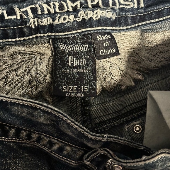 Stylish Biker Platinum Plush Flare Blue Jeans Embroidered & Dazzled Designs - Picture 7 of 7